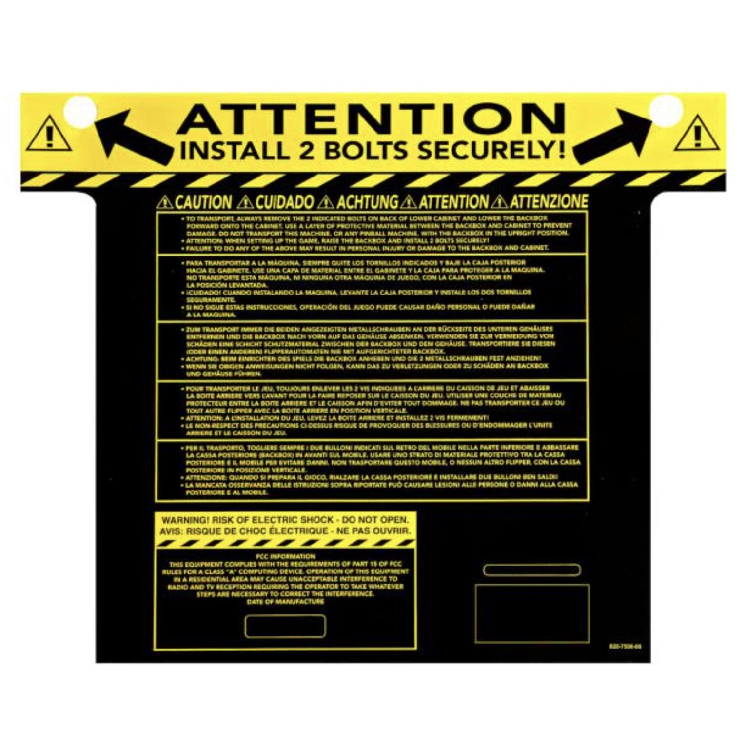 IRON JACKPOT ステップ表示パネル 820-7500-00 Stern Backbox Warning Decal